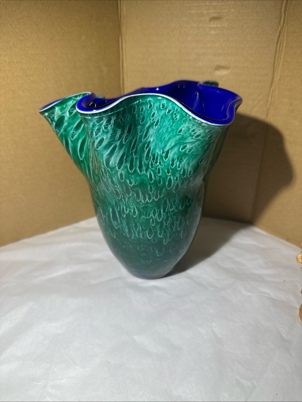 Peacock 6.75” Green and Cobalt Blue Art Glass Vase - Sculpted Handblown Accent